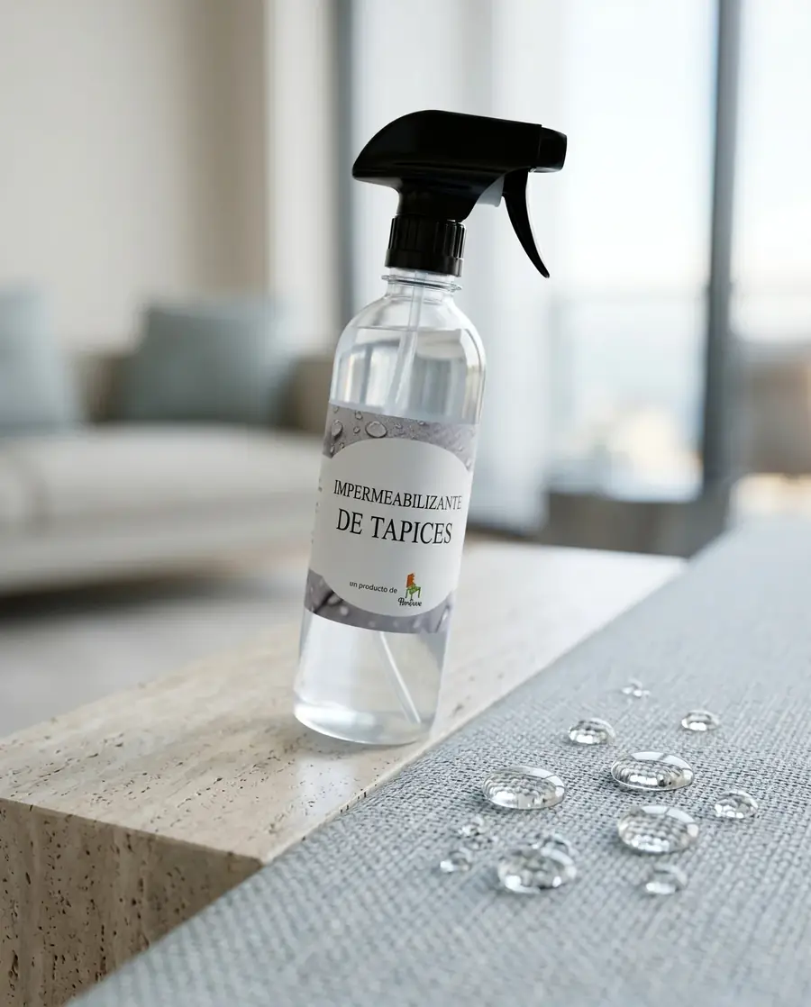 Botella de impermeabilizante de tapices junto a gotas repelidas sobre una superficie textil